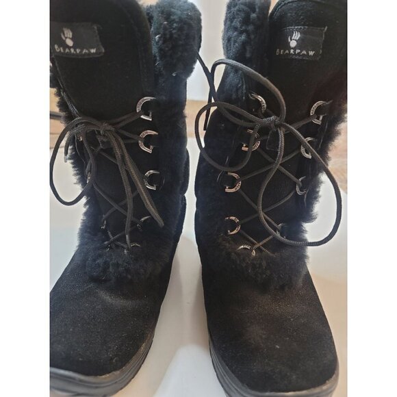 Bearpaw Black Suede/Sheepskin Wool Boots Womens Winter Mid Calf Lace Up SZ 7 - Picture 2 of 8